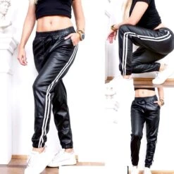 Merkloos Joggingbroek Dames Broek Fleece Gevoerd Teddy Stof Lederlook Zwart Met Witte Bies Maat S/M