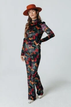 Colourful Rebel Jolie Big Flower Velvet Flare Pants - S