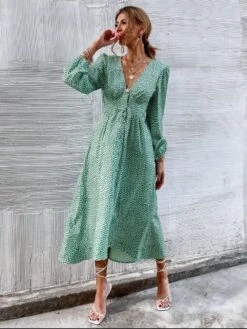 Merkloos MKL - Dames Zomerjurk - Boho Vrolijke Bloemetjes Jurk Knoop - Franse Mode Vrouwen Groene Bloemen Print Jurk V-hals Vintage Lange Mouw Dames Midi Jurk Maat S -Vrouwelijke Couture 901x1200 5