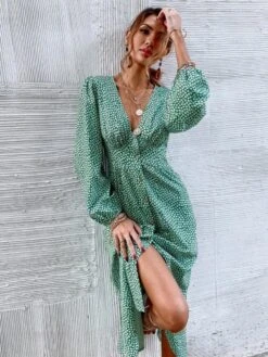 Merkloos MKL - Dames Zomerjurk - Boho Vrolijke Bloemetjes Jurk Knoop - Franse Mode Vrouwen Groene Bloemen Print Jurk V-hals Vintage Lange Mouw Dames Midi Jurk Maat S -Vrouwelijke Couture 901x1200 6