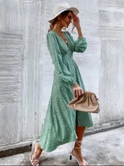 Merkloos MKL - Dames Zomerjurk - Boho Vrolijke Bloemetjes Jurk Knoop - Franse Mode Vrouwen Groene Bloemen Print Jurk V-hals Vintage Lange Mouw Dames Midi Jurk Maat S -Vrouwelijke Couture 902x1200 10