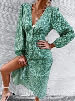 Merkloos MKL - Dames Zomerjurk - Boho Vrolijke Bloemetjes Jurk Knoop - Franse Mode Vrouwen Groene Bloemen Print Jurk V-hals Vintage Lange Mouw Dames Midi Jurk Maat S -Vrouwelijke Couture 902x1200 9