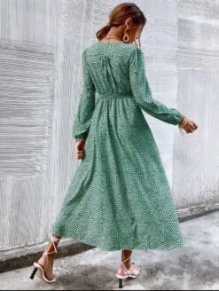 Merkloos MKL - Dames Zomerjurk - Boho Vrolijke Bloemetjes Jurk Knoop - Franse Mode Vrouwen Groene Bloemen Print Jurk V-hals Vintage Lange Mouw Dames Midi Jurk Maat S -Vrouwelijke Couture 903x1200 1